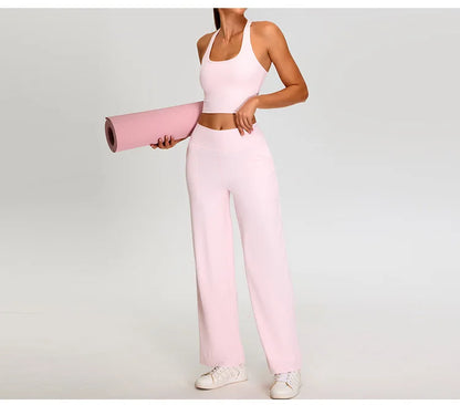 Pantalones de Yoga acanalados para mujer, leggings deportivos para gimnasio, leggings de cintura alta para fitness, pantalones deportivos para correr al aire libre, pierna recta.