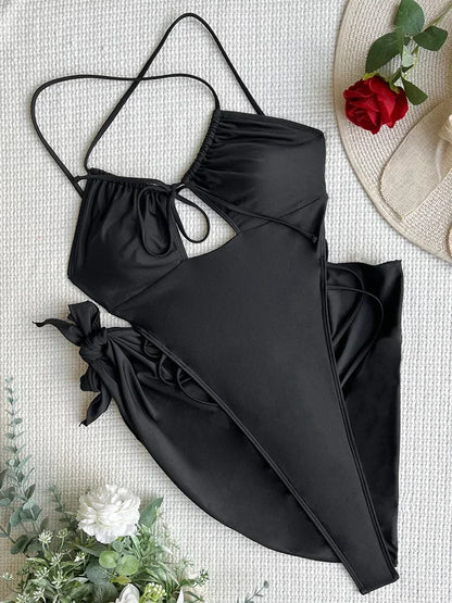 Traje de baño de una pieza tipo tanga, con espalda descubierta y diseño ultra mini, estilo tanga, para mujer. Incluye pareo, corte alto y diseño monokini.