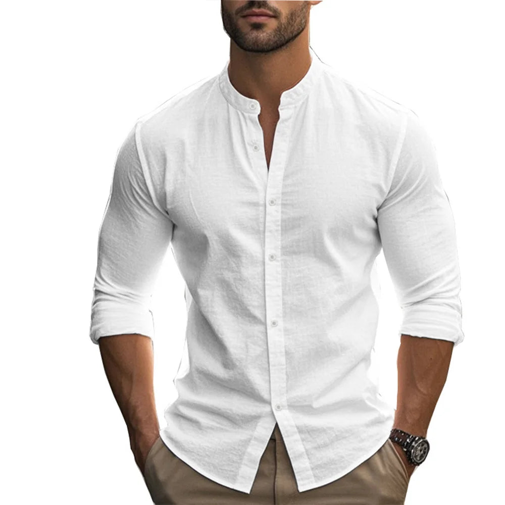 Camisas Henry para hombre, de algodón y lino, corte ajustado, informales, hawaianas, de color liso, estilo básico, para primavera y verano, transpirables.