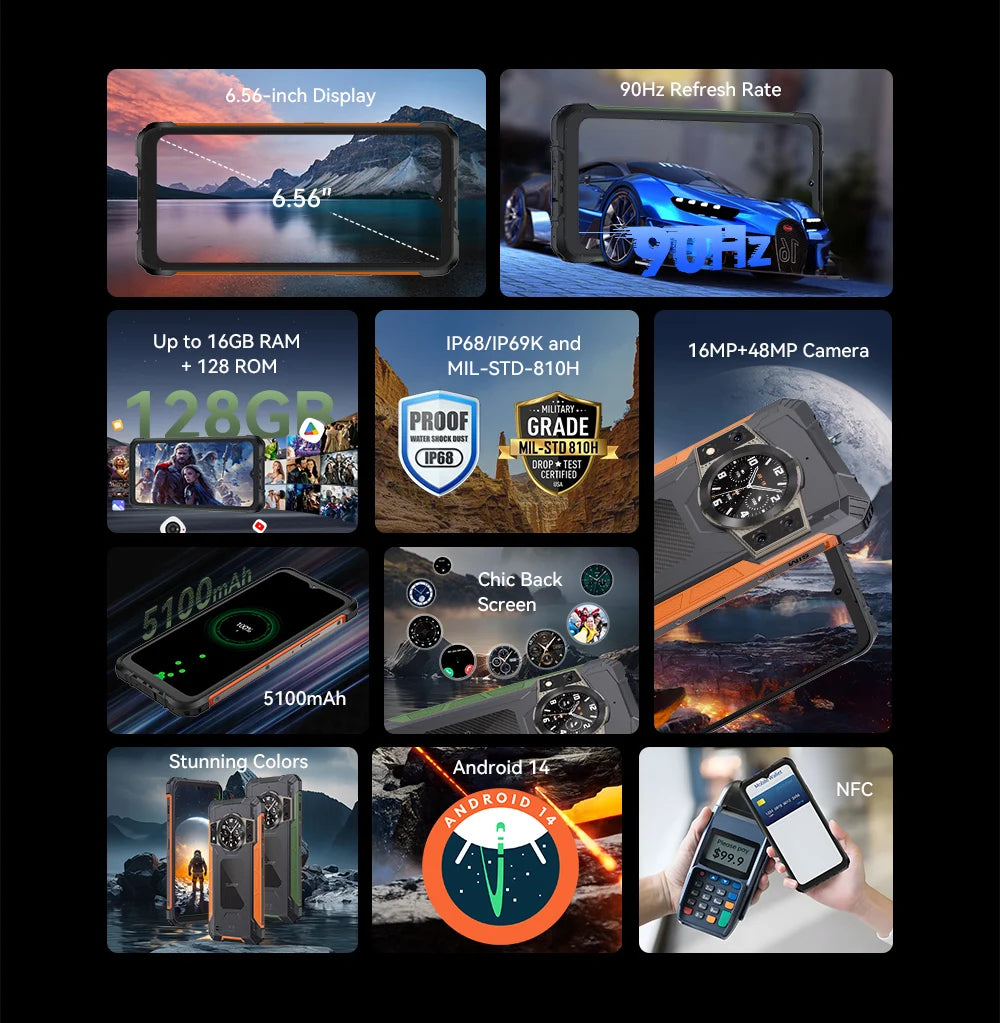 Cubot KingKong ACE 2, smartphone ultradelgado y resistente, Android 14, 16 GB de RAM (6 GB + 10 GB), + 128 GB de ROM, pantalla de 6,56" a 90 Hz, NFC.