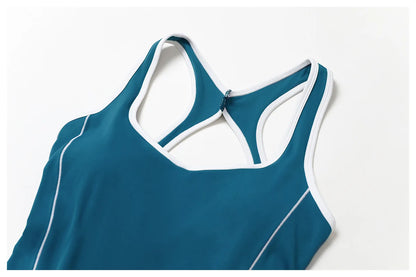 Conjunto de ropa deportiva de yoga con espalda cruzada para mujer, monos de una pieza con bloques de color, monos deportivos sin mangas, conjunto de gimnasio