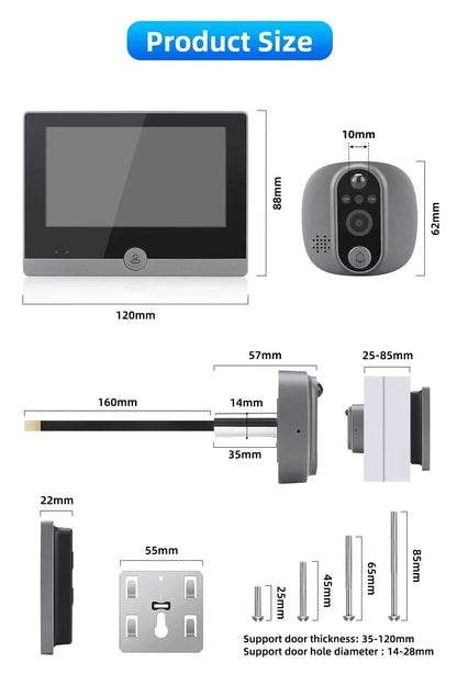 KUXA 4.3 Inch 1080P/158° Wifi Smart Door Bell Camera Tuya Video Door Peepholes PIR Movement Detection Eye Wireless Doorbell