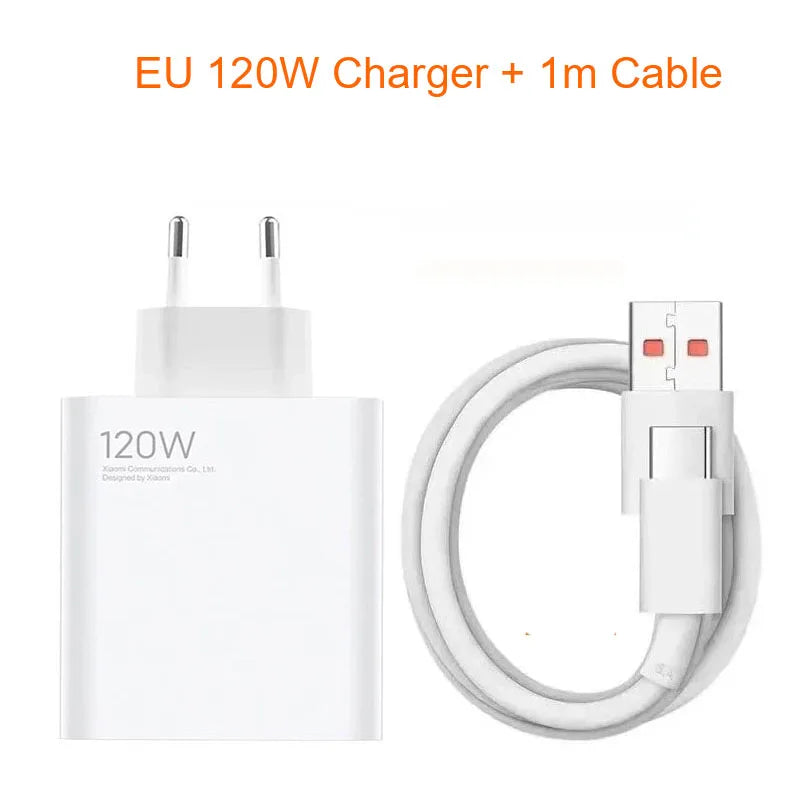 Cargador rápido original de la UE de 120 W para Xiaomi 10, Redmi K30 Pro/10X Pro, Poco F4 GT con cable tipo C.