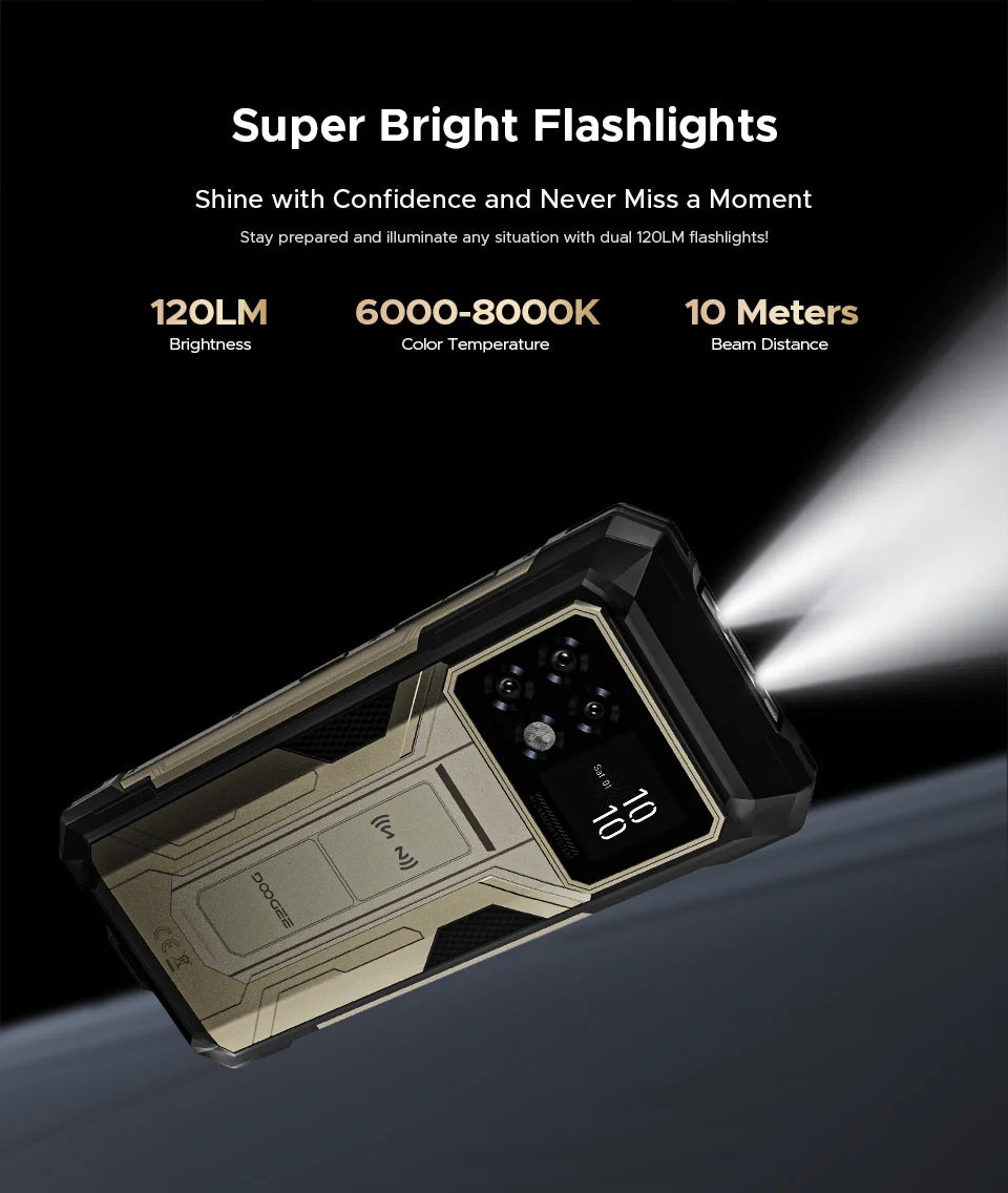 Teléfono resistente DOOGEE S200 Max, 16 GB + 512 GB, batería de 22000 mAh, procesador Dimensity 7050, pantalla de 6,72" a 120 Hz, pantalla trasera de 1,32", linterna dual.