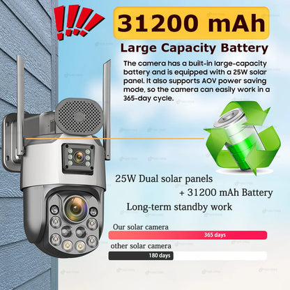 Cámara de seguridad exterior solar 4K con SIM 4G, 2 lentes/pantalla, zoom óptico 60x, seguimiento automático, PTZ 360°, videovigilancia doméstica IP.