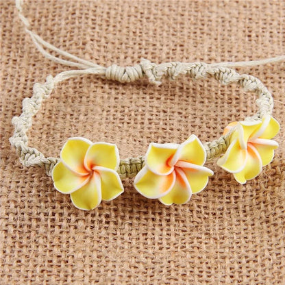 Conjunto de pulsera y collar de conchas multicolores tejidas a mano, joyería de cerámica suave estilo vacaciones en la playa con diseño de flor de huevo bohemia