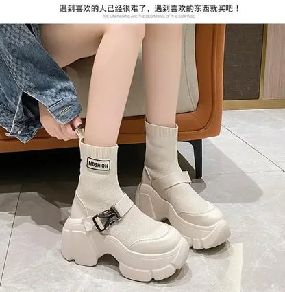 Botines de plataforma alta de 8 cm para mujer, botas cortas con suela gruesa y suela gruesa, antideslizantes, para motocicleta, para otoño
