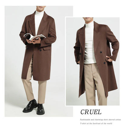 Autumn Winter New 100% Wool Double-sided Wool Coat Men's Korean Suit Collar Wide Fluffy Woolen Coat Simple and Luxurious