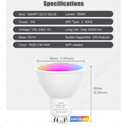 Bombillas LED inteligentes ZigBee GU10 WiFi RGB W+C 5W regulables con control por app. Compatibles con Alexa, Google y Alice Hub.