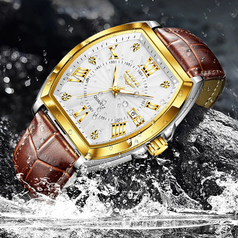 LIGE - Nuevos relojes militares para hombre, marca original de lujo, de cuero, de cuarzo, cronógrafo cuadrado resistente al agua