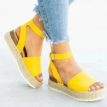 Sandalias de mujer de talla grande, estilo verano 2021, suela gruesa, diseño de hebilla y correa tejida, cómodas cuñas secas de EVA, sandalias romanas