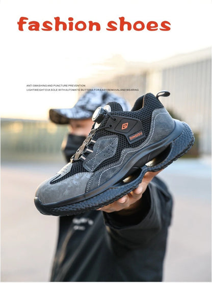 Zapatos de seguridad de trabajo con botón giratorio para hombres y mujeres, zapatos con puntera de acero, botas de seguridad indestructibles, zapatillas de trabajo protectoras ligeras.