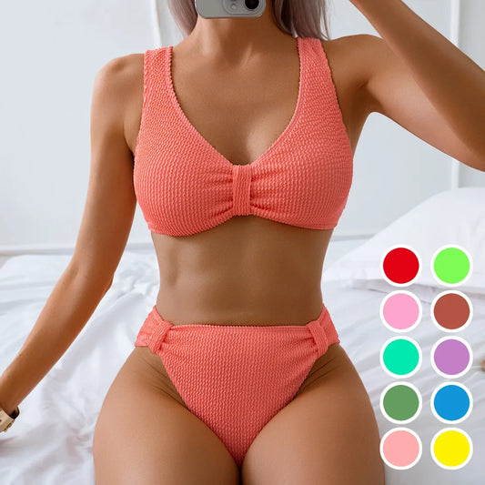 Nuevo traje de baño de dos piezas de bikini 2025, color puro, alta elasticidad, monocromático, ajuste cómodo, ropa de playa para mujer.