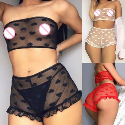 Conjunto de ropa interior erótica para mujer, top de tubo con estampado de corazones transparente, microshorts de encaje, lencería sin entrepierna, body sexy de encaje tipo babydoll.