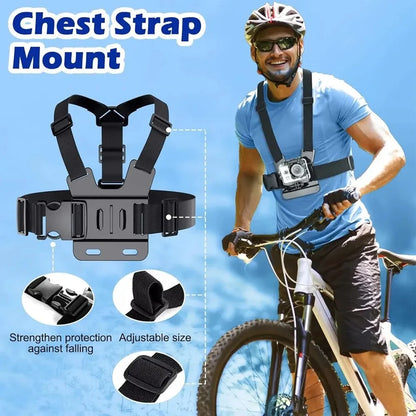 Kit de cámara de acción todo en uno de 6 piezas con correa para la cabeza y correa para el pecho, ajustable para GoPro, teléfono, Osmo, estabilidad mejorada y versatilidad.