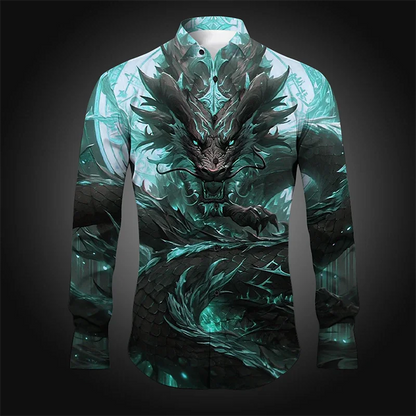 Camisa de hombre con estampado abstracto de dragón, estilo casual, manga larga, diseño elegante y cómodo. Ideal para uso diario.