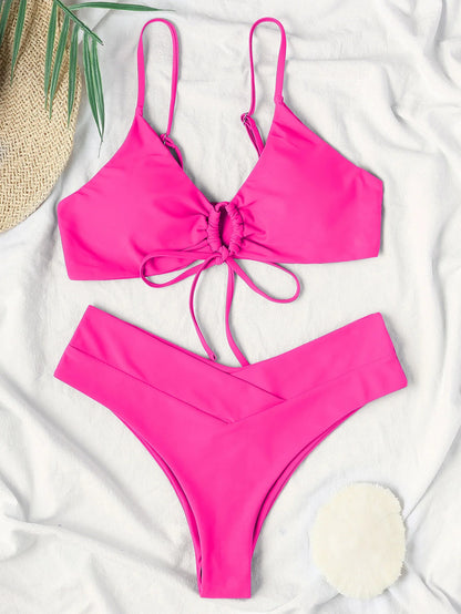 Nuevo conjunto de bikini de alta elasticidad para verano de 2025, dos piezas, color sólido, con cordones, traje de baño sexy para mujer, traje de baño de playa.