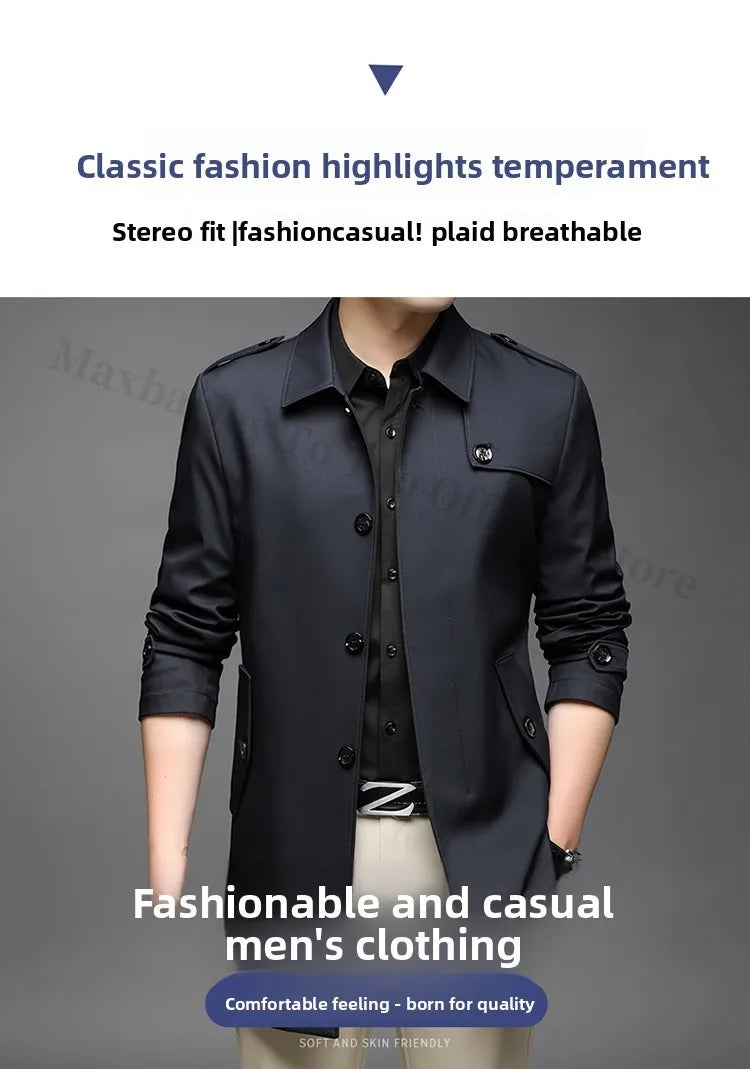 Abrigo tipo gabardina Maxbarley para hombre, estilo coreano, ligero, de lujo, de un solo botón, chaqueta larga cortavientos, colección primavera-otoño 2025, marca, con solapa.