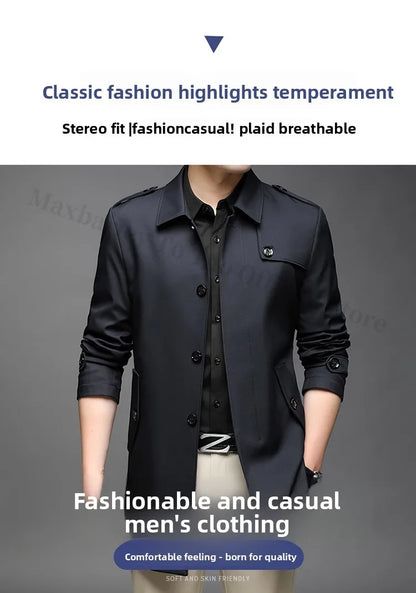Abrigo tipo gabardina Maxbarley para hombre, estilo coreano, ligero, de lujo, de un solo botón, chaqueta larga cortavientos, colección primavera-otoño 2025, marca, con solapa.