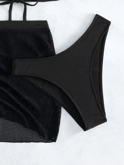 3 Pieces Black V Wire Halter Bikini 2025 Women & Beach Skirt Swimwear Female Swimsuit Solid Beachwear Bathing Swimming Suit