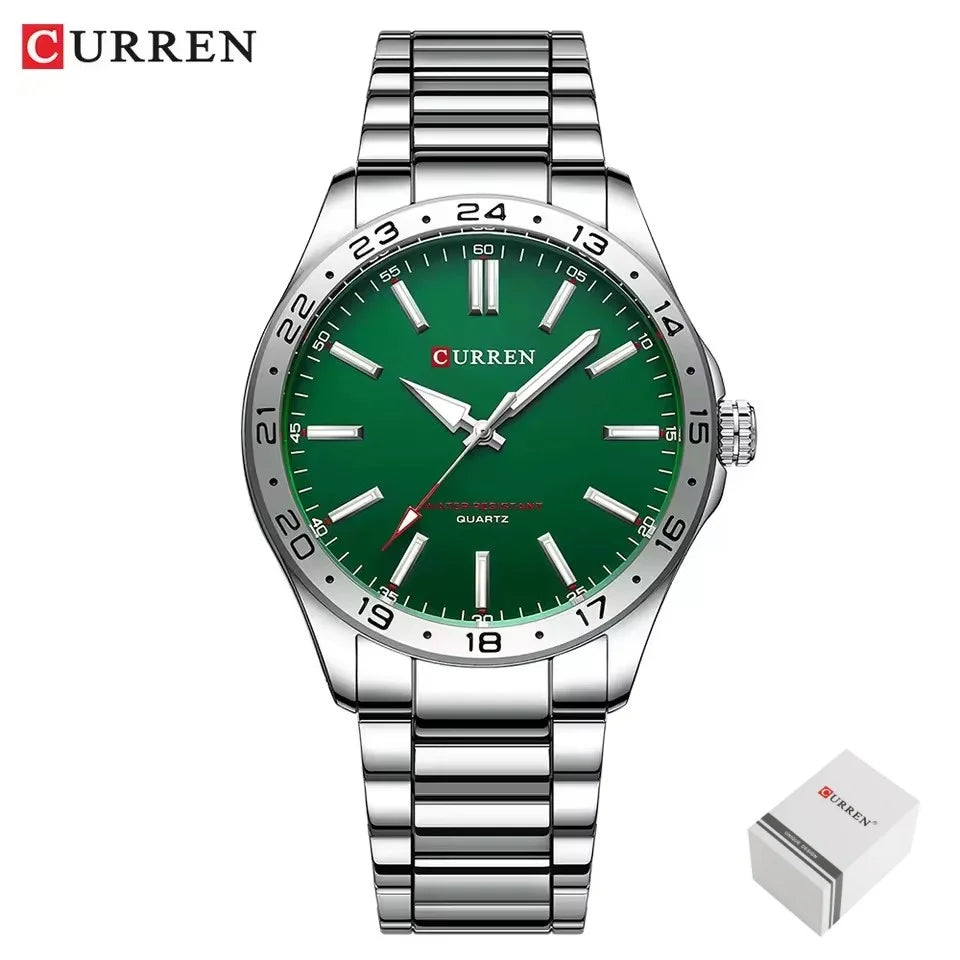 CURREN 8452 Reloj de cuarzo para hombre, sencillo, moderno, para ocio y negocios, con correa de acero inoxidable negra y plateada.