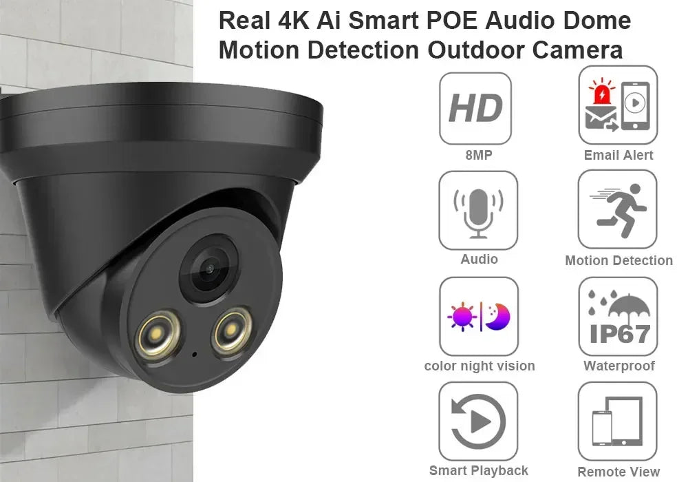 Cámara IP NINIVISION IPC-8MP HD Negra PoE Carcasa Metálica Micrófono Integrado Audio Visión Nocturna a Color Video de Vigilancia para NVR IP 4K de 10 canales