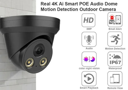 Cámara IP NINIVISION IPC-8MP HD Negra PoE Carcasa Metálica Micrófono Integrado Audio Visión Nocturna a Color Video de Vigilancia para NVR IP 4K de 10 canales
