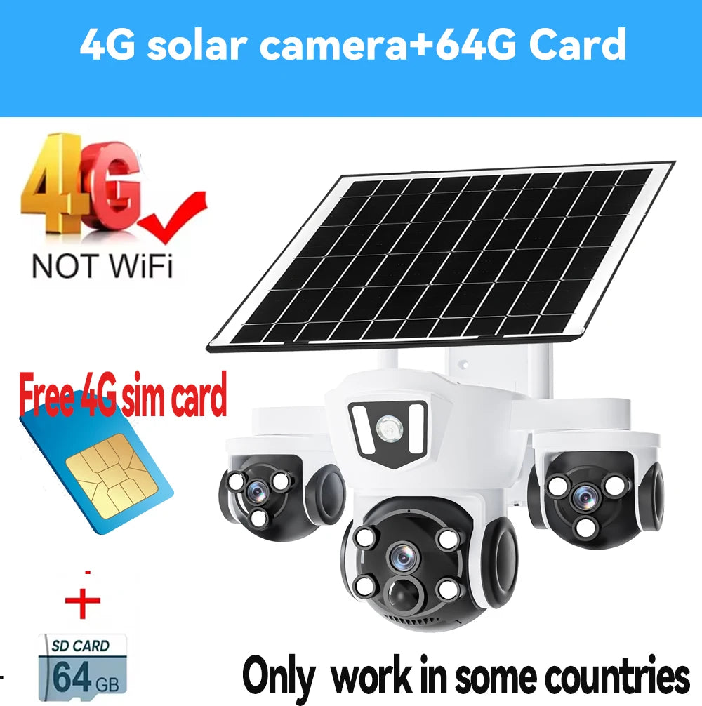 Cámara solar inalámbrica WiFi DIFANG V380 Pro para exteriores con tres pantallas, tarjeta SIM 4G y batería. Sistema de videovigilancia solar con tres lentes y batería.