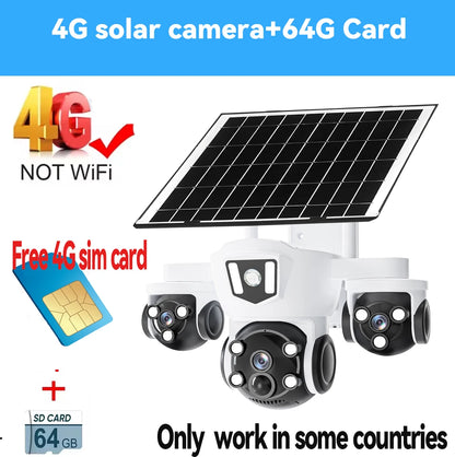 Cámara solar inalámbrica WiFi DIFANG V380 Pro para exteriores con tres pantallas, tarjeta SIM 4G y batería. Sistema de videovigilancia solar con tres lentes y batería.