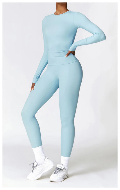 2PCS Seamless Yoga Set Women Workout Set Sportswear Gym Clothing Fitness Long Sleeve Crop Top High Waist Leggings Sports Suits
