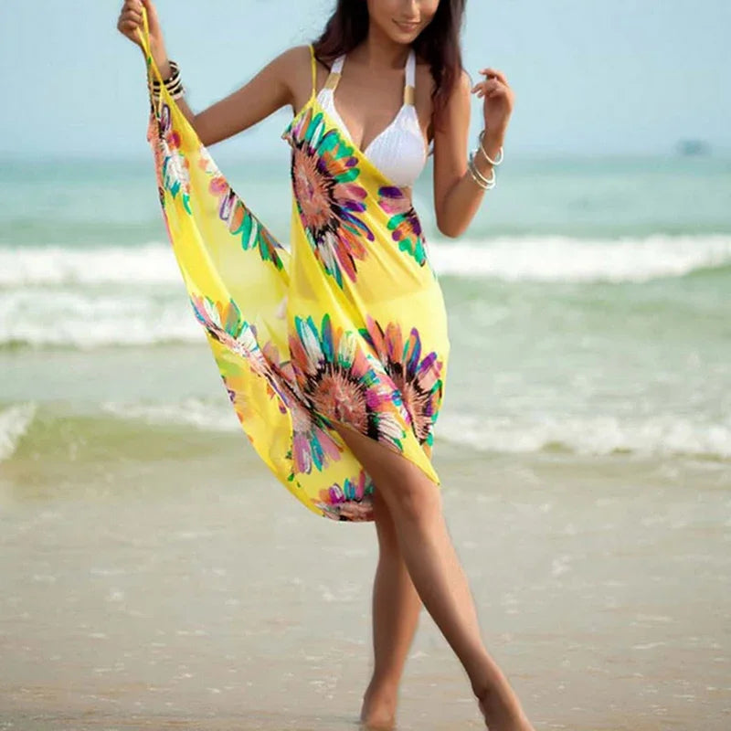 Vestido playero sexy con estampado para mujer, estilo halter, de gasa, tipo pareo, con espalda abierta