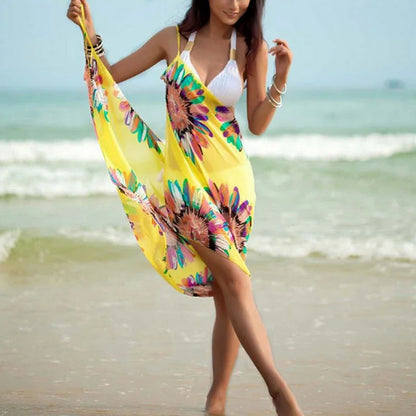 Vestido playero sexy con estampado para mujer, estilo halter, de gasa, tipo pareo, con espalda abierta