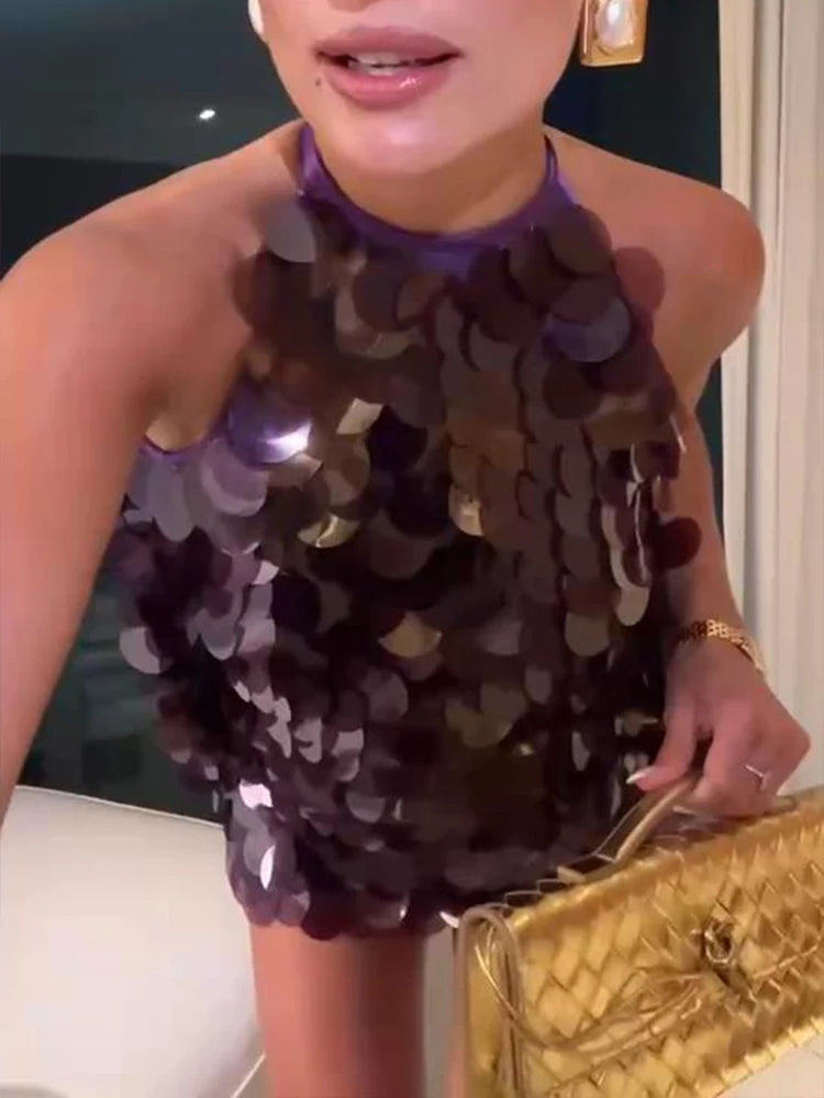 Vestido corto halter con lentejuelas y brillo para mujer, sin espalda, sin mangas, para fiestas de noche, vacaciones, cintura alta, sexy, nueva moda 2025.