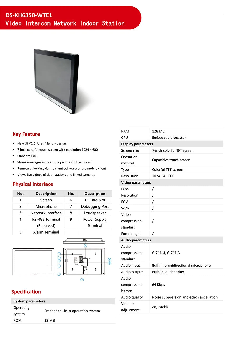 Estación de puerta IP Hikvision DS-KV9503-WBE1 con reconocimiento facial, Wi-Fi y alimentación PoE; Monitor inalámbrico para interiores DS-KH6350-WTE1.