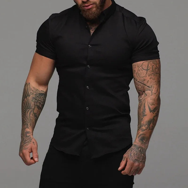 Camisas de vestir ajustadas para hombre, estilo casual de verano, con cuello vuelto, manga corta y botones LXDZ-110