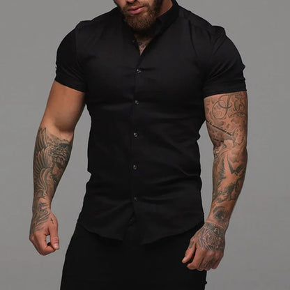 Camisas de vestir ajustadas para hombre, estilo casual de verano, con cuello vuelto, manga corta y botones LXDZ-110