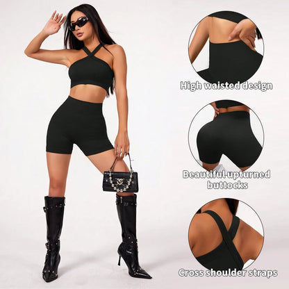 Conjunto de 2 piezas de yoga con sensación de desnudo para mujer, ropa de entrenamiento, pantalones cortos de yoga de cintura alta y sujetador deportivo con tiras, conjuntos cortos de verano