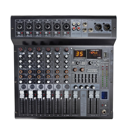 Interfaz de mezclador de audio de potencia, consola de mezclas USB Bluetooth de 6 canales con alimentación fantasma de 48 V, tablero de sonido para música para PC, escenario, DJ y estudio.