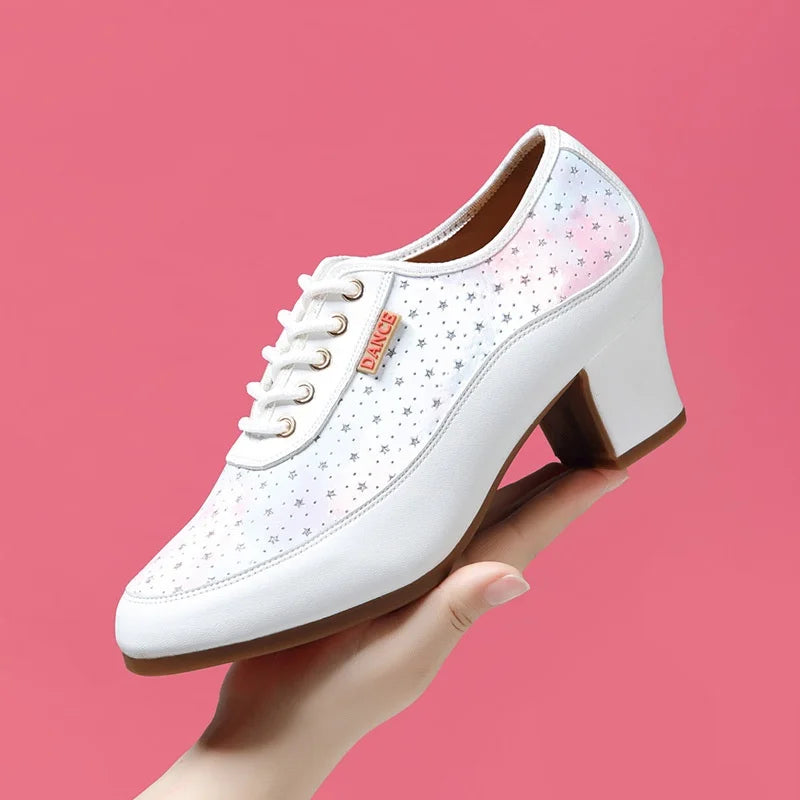 Zapatos de plataforma de piel suave con cordones transpirables de 3,5 cm y 5,5 cm para mujer, primavera 2025, tacones de bloque medianos para bailar, mamás y caminar.