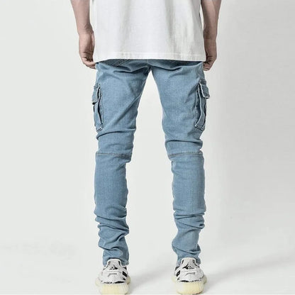 Pantalones vaqueros elásticos de calle para hombre, pantalones cargo de mezclilla lavados, de color sólido, con múltiples bolsillos, pantalones casuales de cintura media, ajustados, para uso diario, para correr