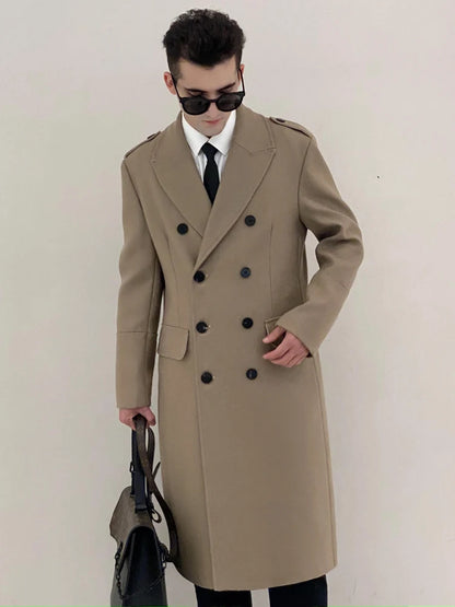 Worsted pure wool coat for men super long, knee length double breasted thickened and warm classic business wool coat for men
