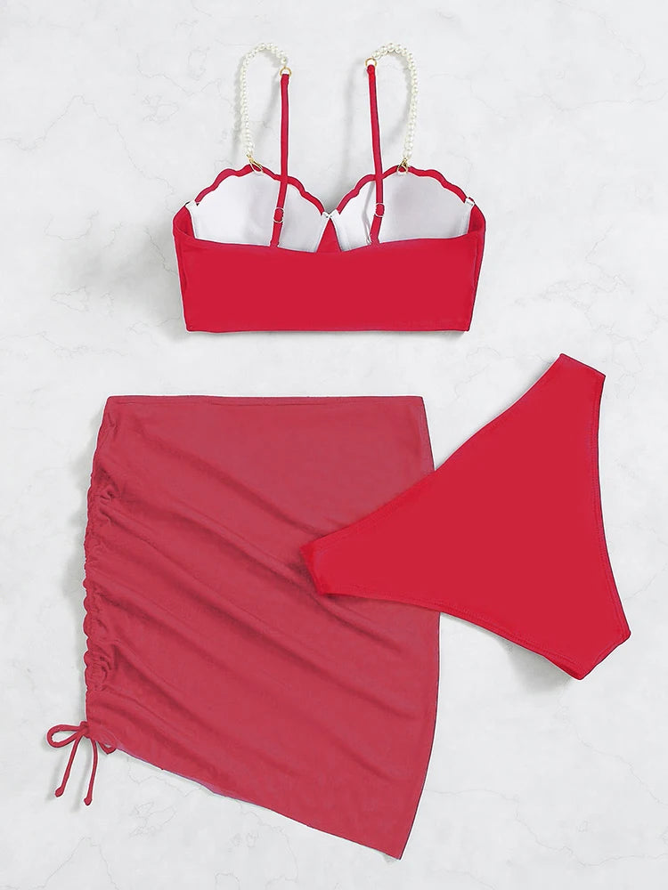 Conjunto de bikini sexy de 3 piezas para mujer, traje de baño con falda, novedad de 2023, bikini push up para mujer, ropa de playa con perlas sintéticas.