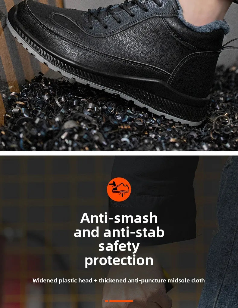 Calzado de seguridad de felpa para trabajos de invierno, resistente a impactos y perforaciones, fabricado en piel sintética de microfibra y algodón.