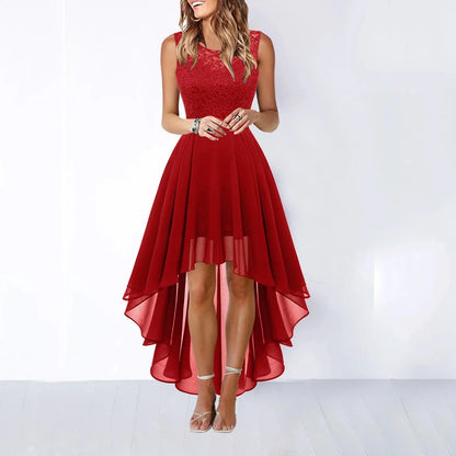 Primavera Verano 2025 Vestido de noche de encaje ceñido con cintura ahuecada Falda midi Sin mangas Cuello redondo Tejido de poliéster Cintura imperio