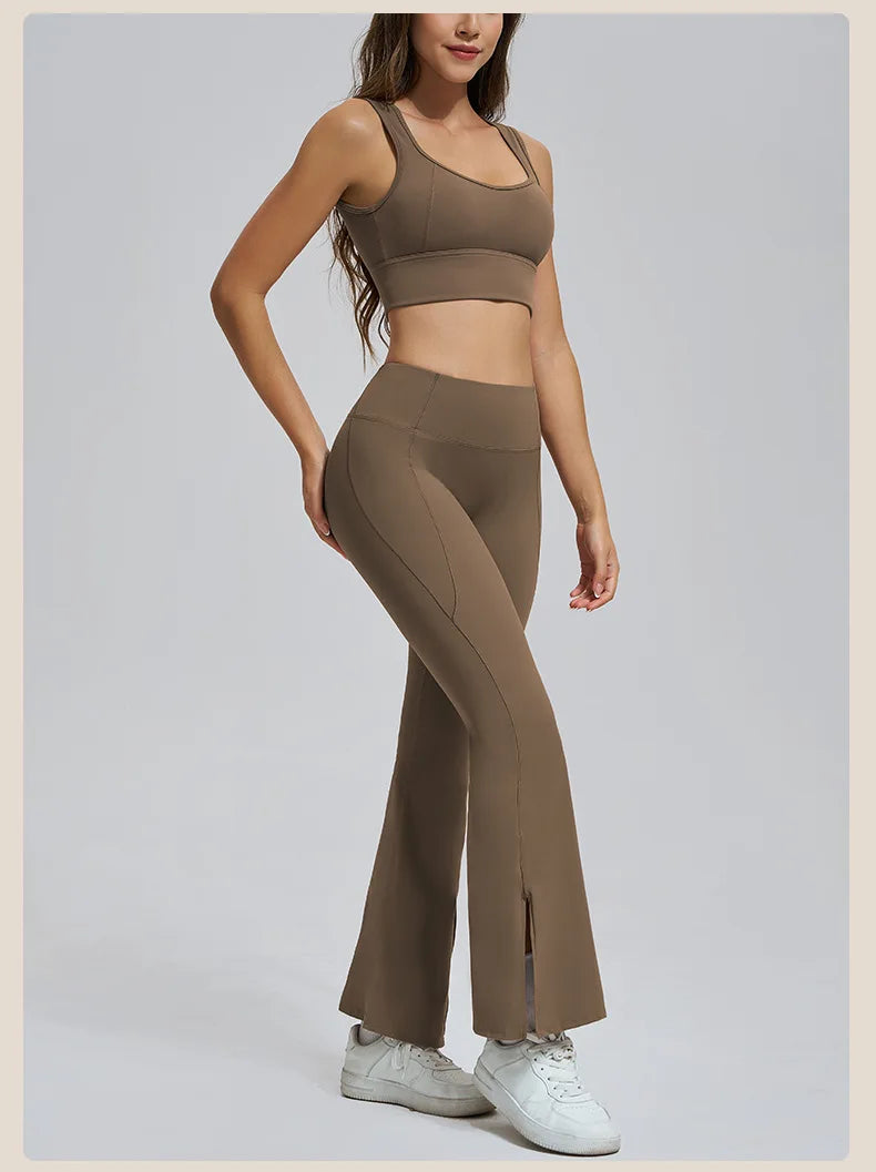 Conjuntos de yoga para mujer, sujetador deportivo con espalda hueca y amortiguación, leggings de cintura alta y acampanados, ropa de gimnasio, ropa para correr y entrenar.
