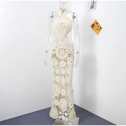 Vestido largo de punto con cuello halter y estampado floral, sexy, sin mangas y con espalda descubierta, estilo maxi, colección 2024. Ideal para la playa y las vacaciones.