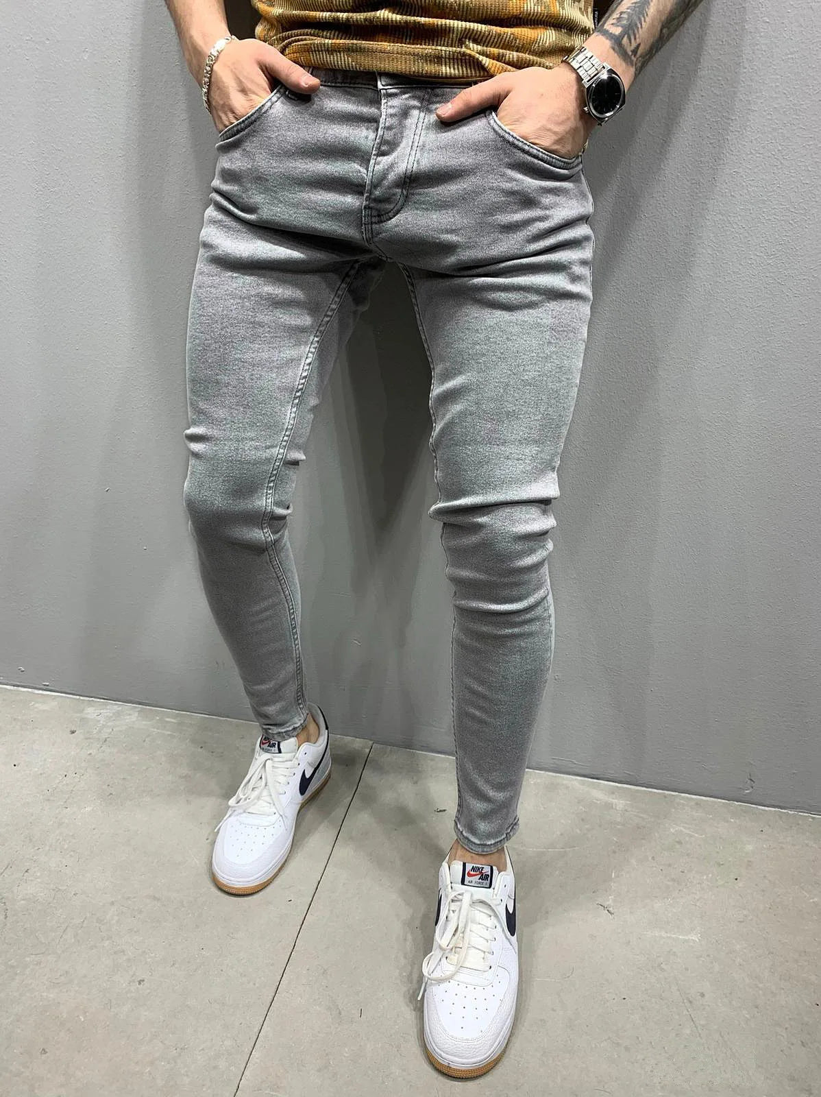 Pantalones vaqueros de hombre, estilo lápiz, corte recto, hasta el tobillo, lavado liso, corte ajustado, bolsillos, ligeramente elásticos, cintura media, estilo urbano Y2K.