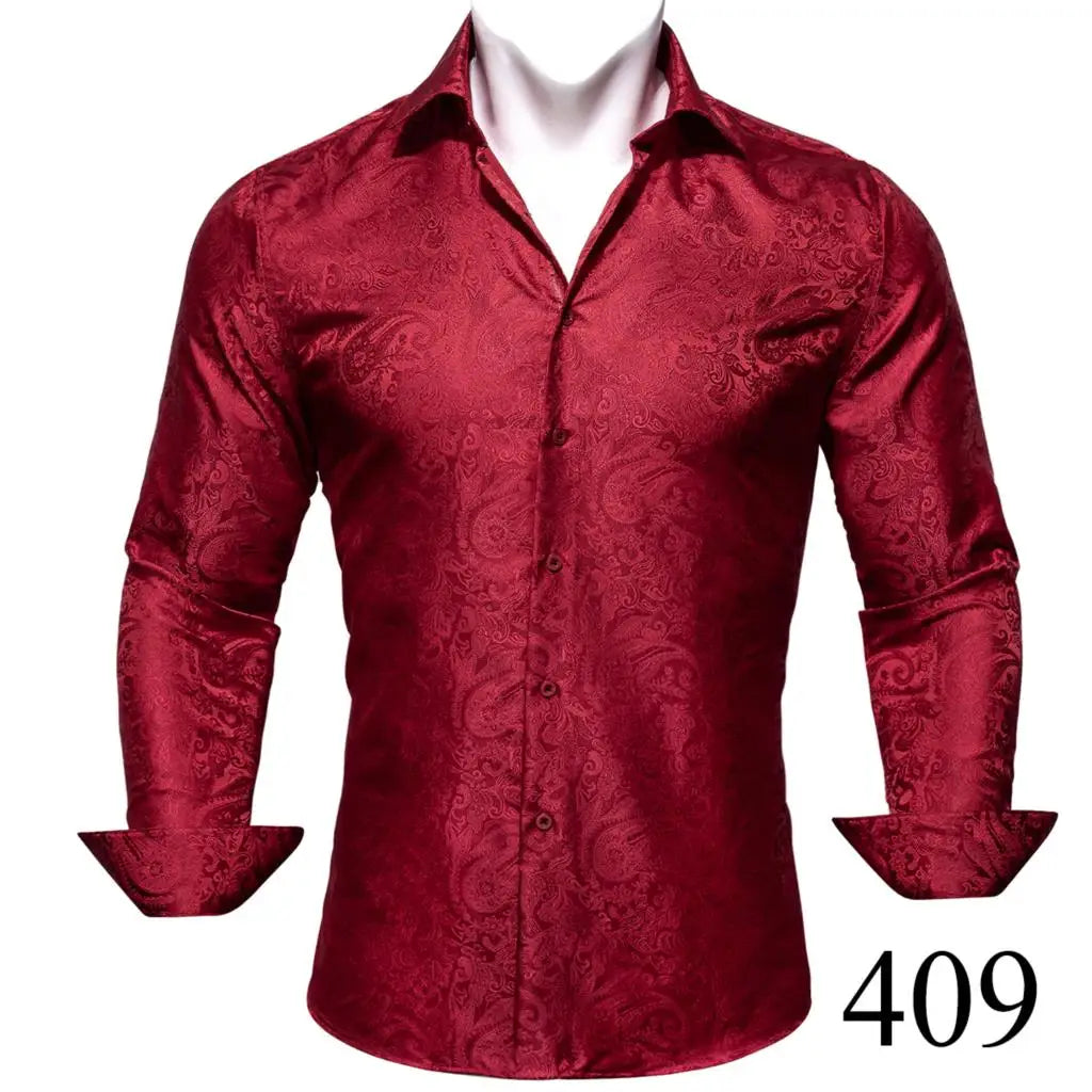 Camisas clásicas negras estampadas y bordadas para hombre, solapa de seda, manga larga, corte formal exquisito, ideales para eventos de negocios y fiestas. Barry.Wang CY-0407