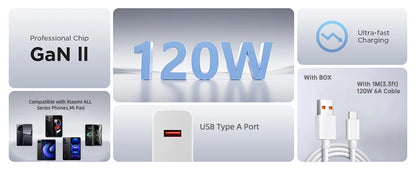Cargador original Xiaomi de 120 W con conector tipo C y carga rápida GaN. Compatible con Xiaomi Mi 17, 14 Pro, 13t, Poco F7 Ultra, F4 GT y Redmi Note 13 Pro+.