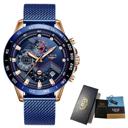 LIGE - Reloj de cuarzo de lujo para hombre, marca superior, moderno, de negocios, con correa de malla, resistente al agua, luminoso, cronógrafo